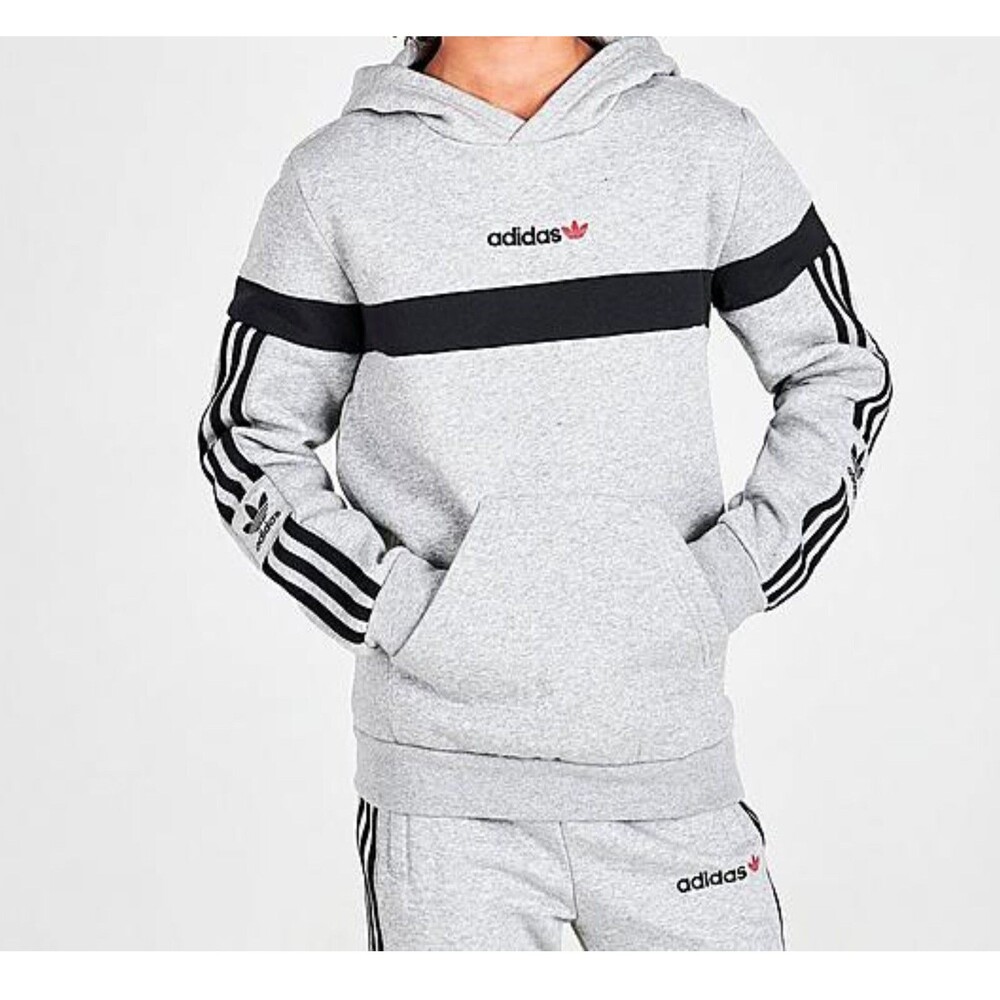 Adidas Originals 3 Stripe Itasca Fleece Hoody Youth Boy's  S Heather Grey Navy
